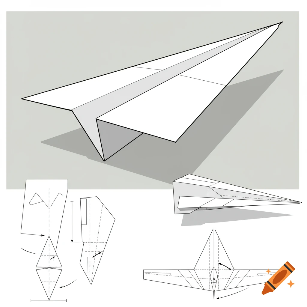 An illustration of a paper airplane with folding diagrams.