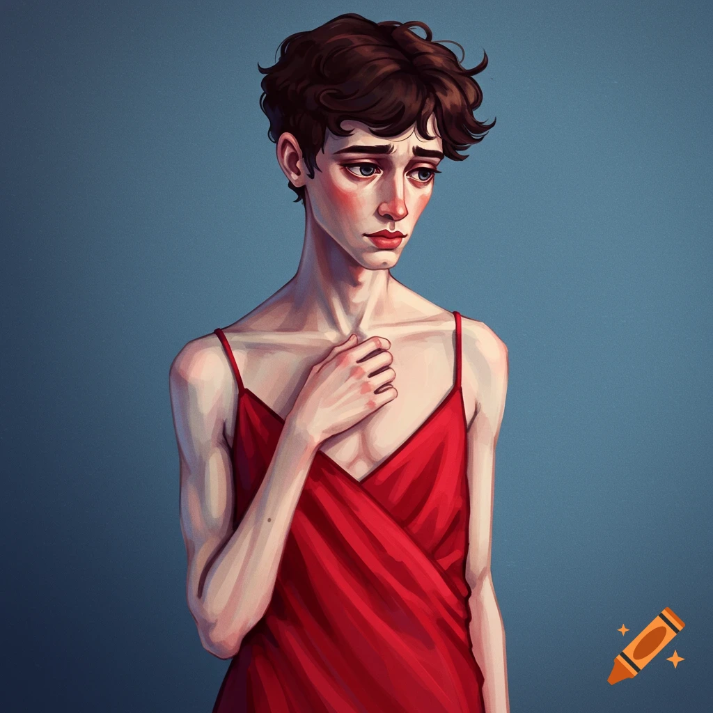 A person in a red dress holding their hand to their chest.