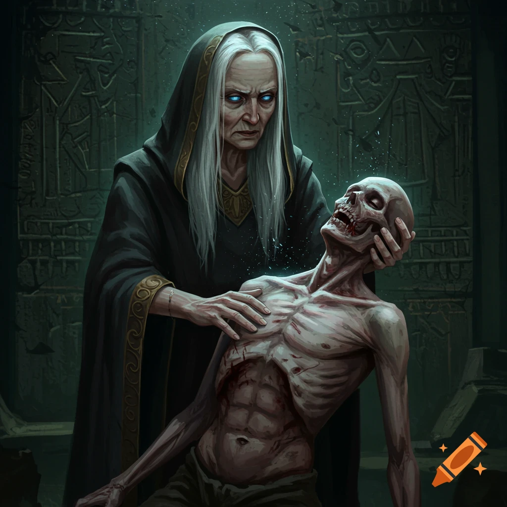 An old woman in a dark robe holds a skeletal figure in a ruined chamber.