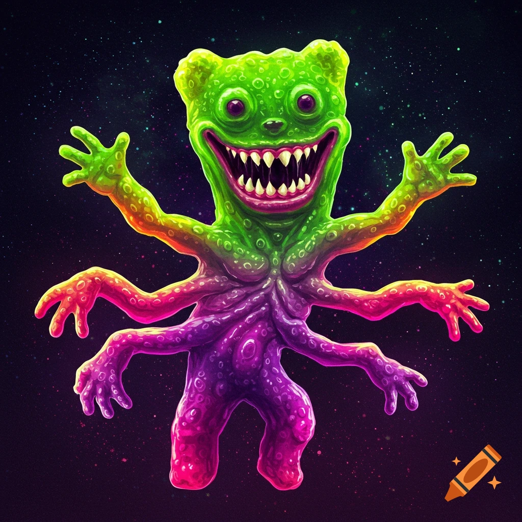 Colorful multi-limbed creature with sharp teeth in space, digital art