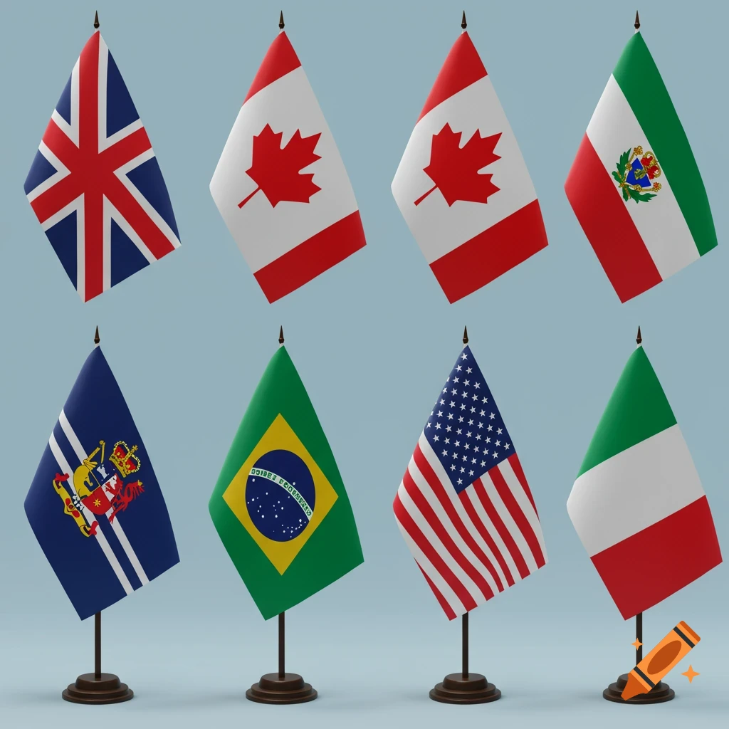 Eight miniature flags including UK, Canada, Brazil, US, Italy, Iran, and another on stands.