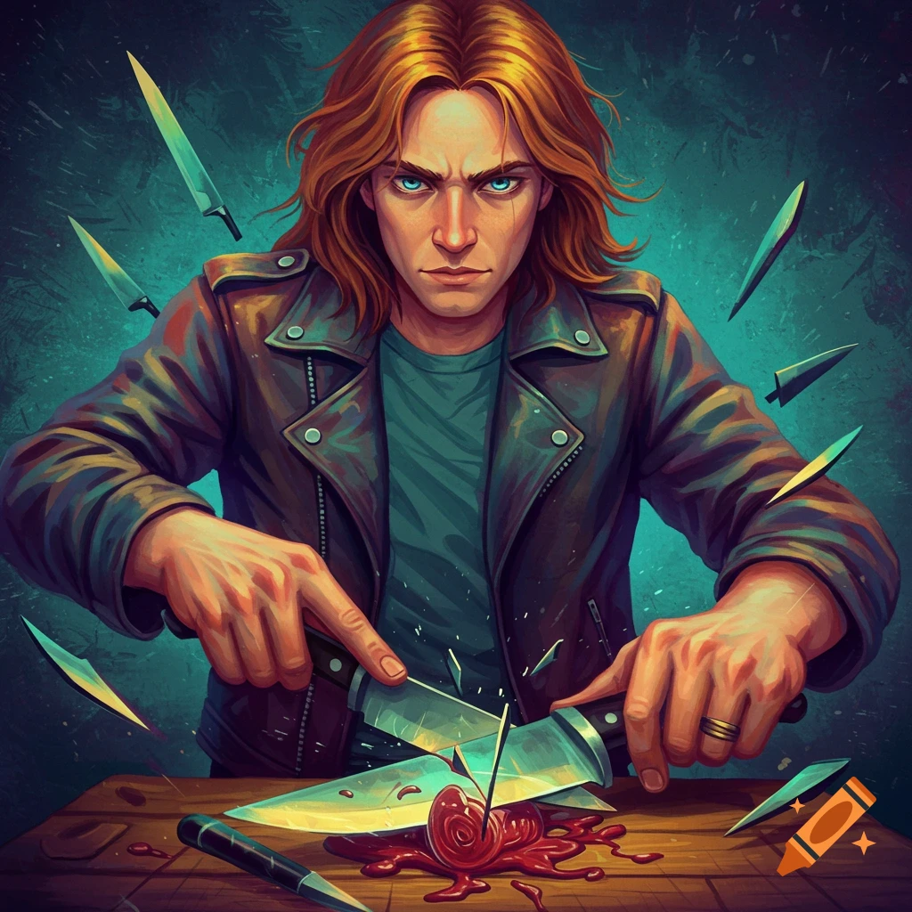 A person cutting a blob with a knife, surrounded by flying knives.