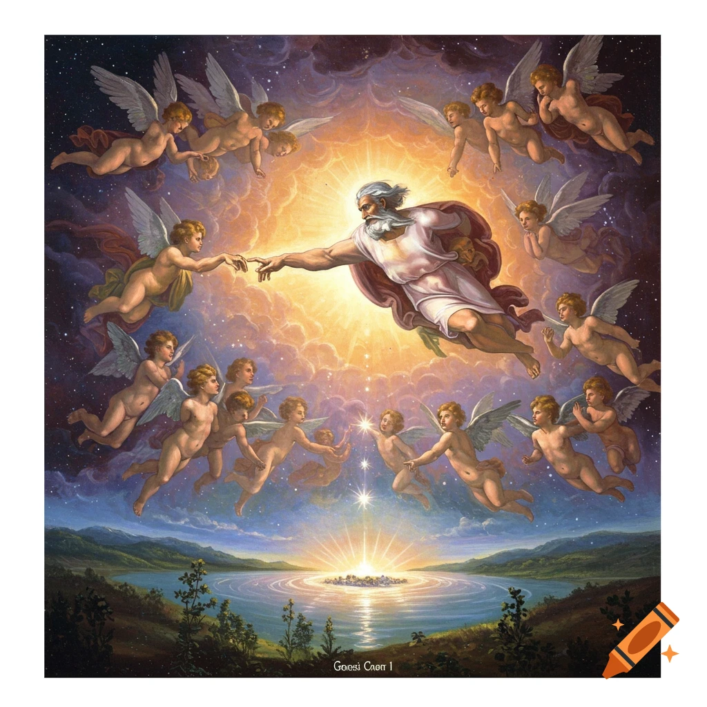 God reaching to an angel, surrounded by many cherubs in a celestial sky over a lake and land.