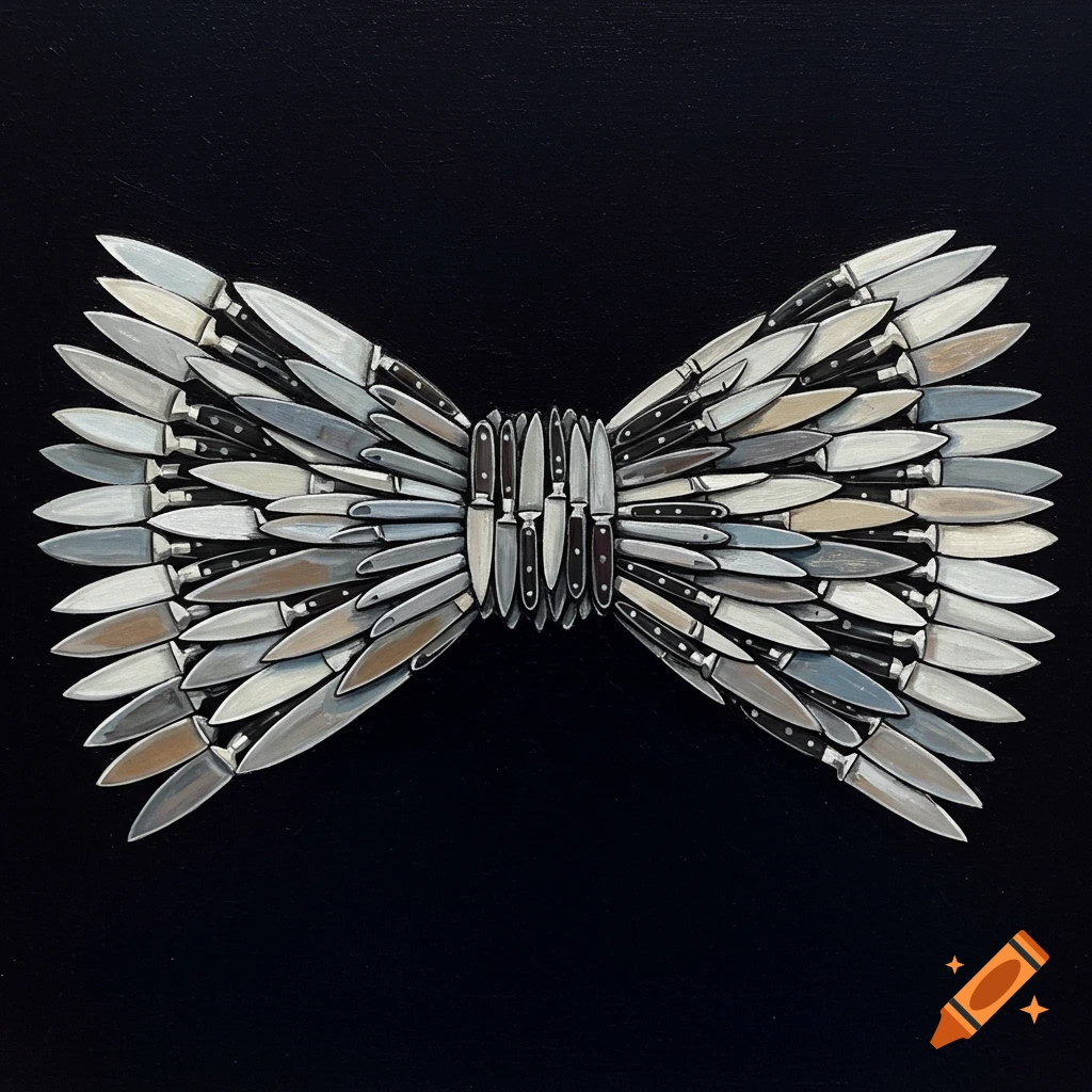 A bow tie created from an arrangement of many knives on a black background.