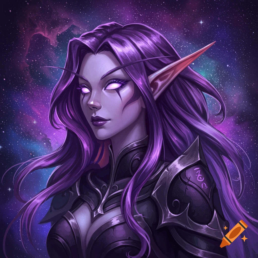 A fantasy female character with purple hair, glowing eyes, and armor against a space background.