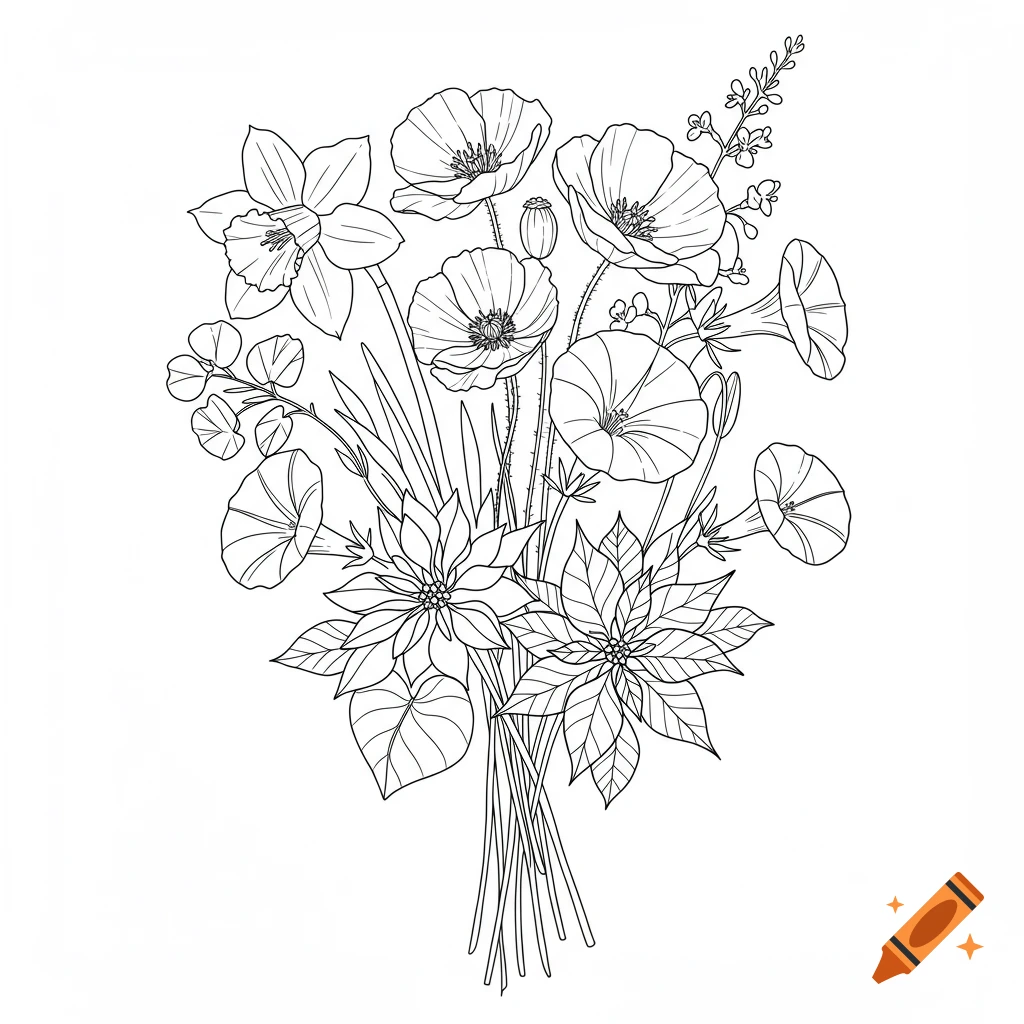 A black and white line drawing of a bouquet of daffodils, poppies, morning glories, and poinsettias.