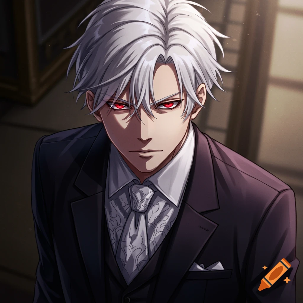 Anime portrait of a man with white hair and red eyes in a suit looking down.
