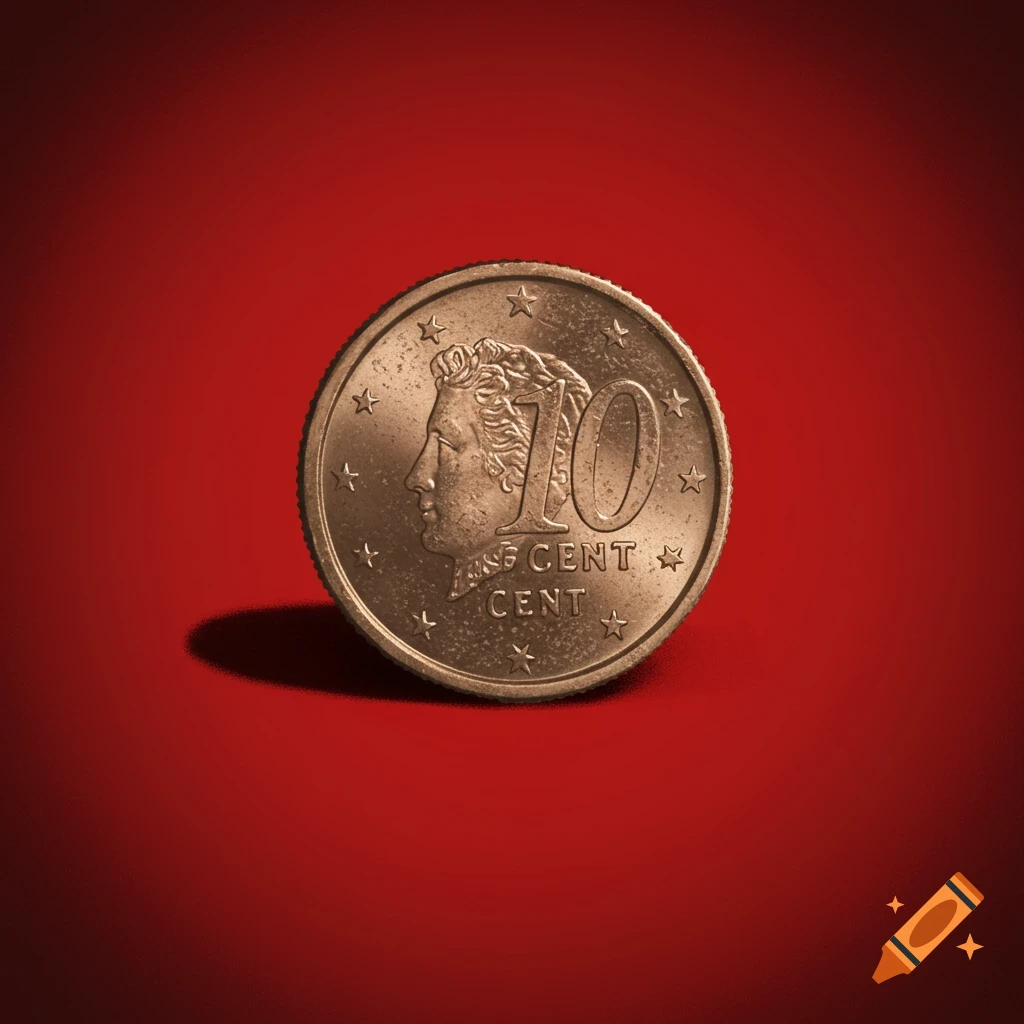 A 10 cent coin on a red background with a drop shadow.