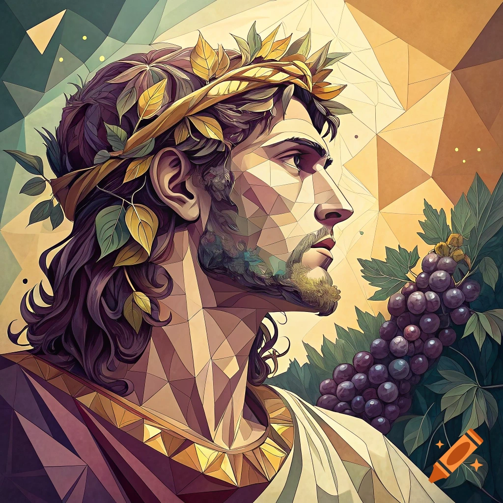 Cubist portrait of Dionysus with grape cluster and leaf crown