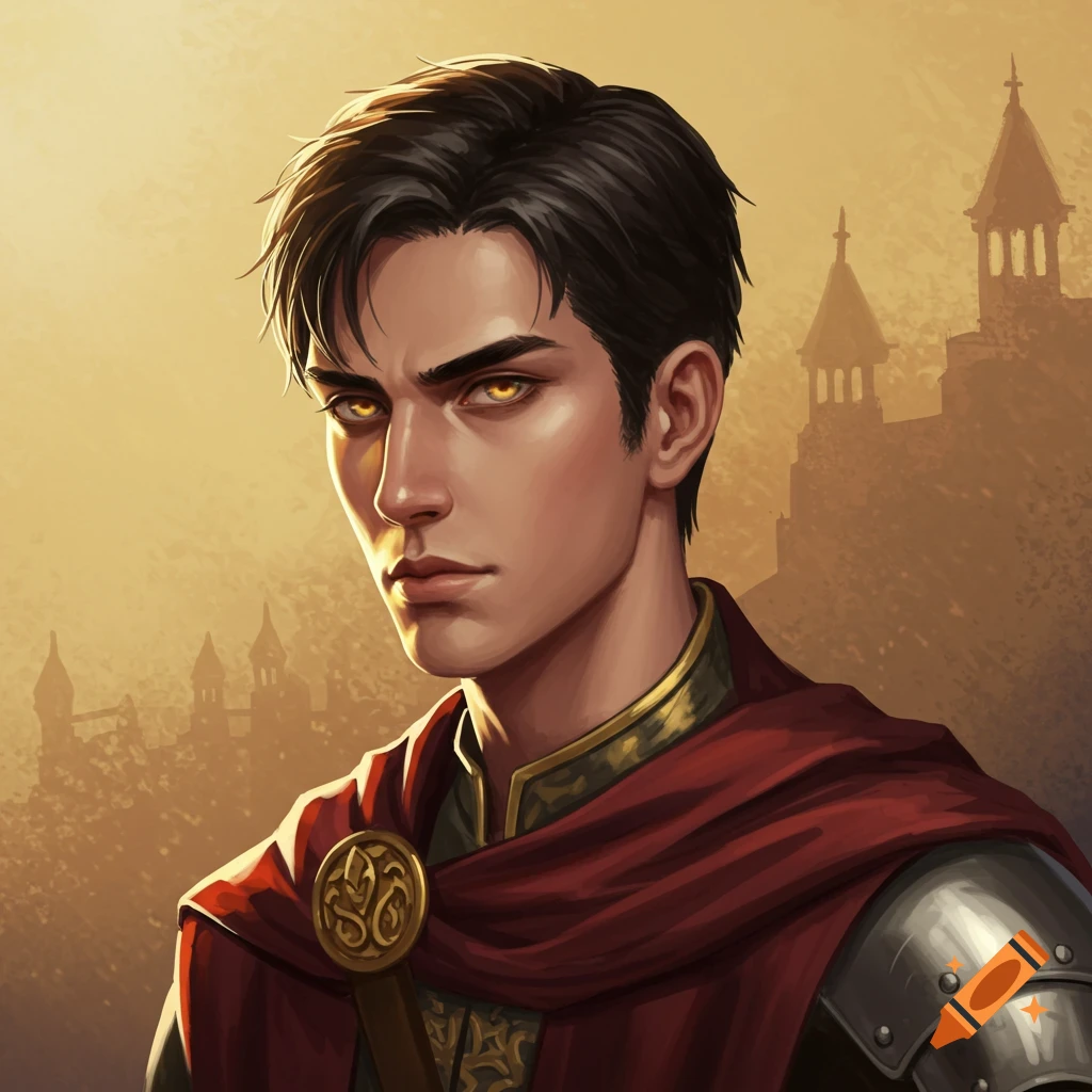 A young man with golden eyes wears armor and a red cloak, with a blurred castle in the background.