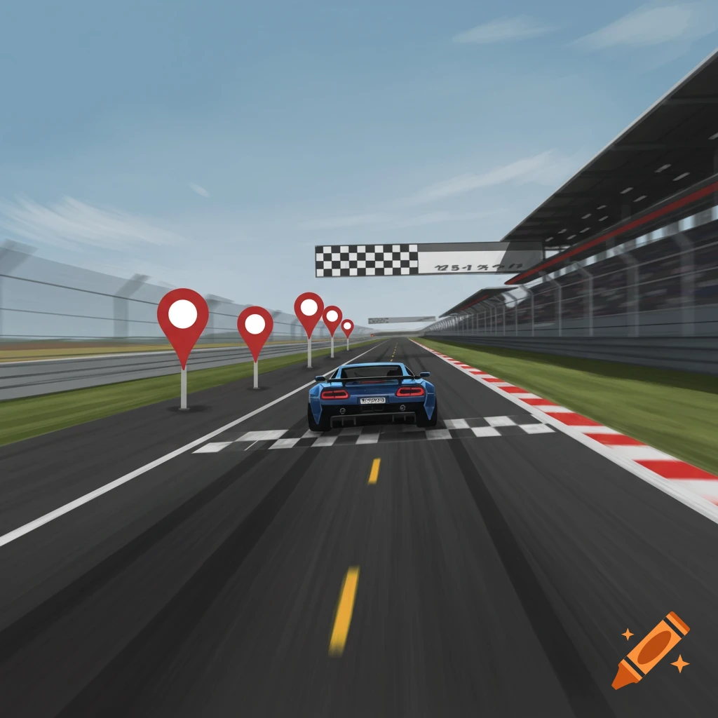 A blue sports car on a race track approaching checkpoints and the finish line.