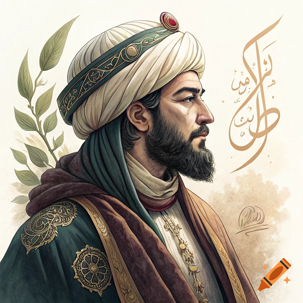 Portrait of a bearded man in turban and cloak with calligraphy and leaves