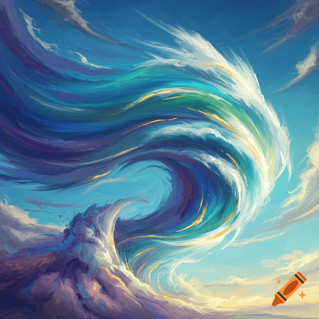 Abstract painting of a large, swirling wave of wind or clouds in a blue sky.