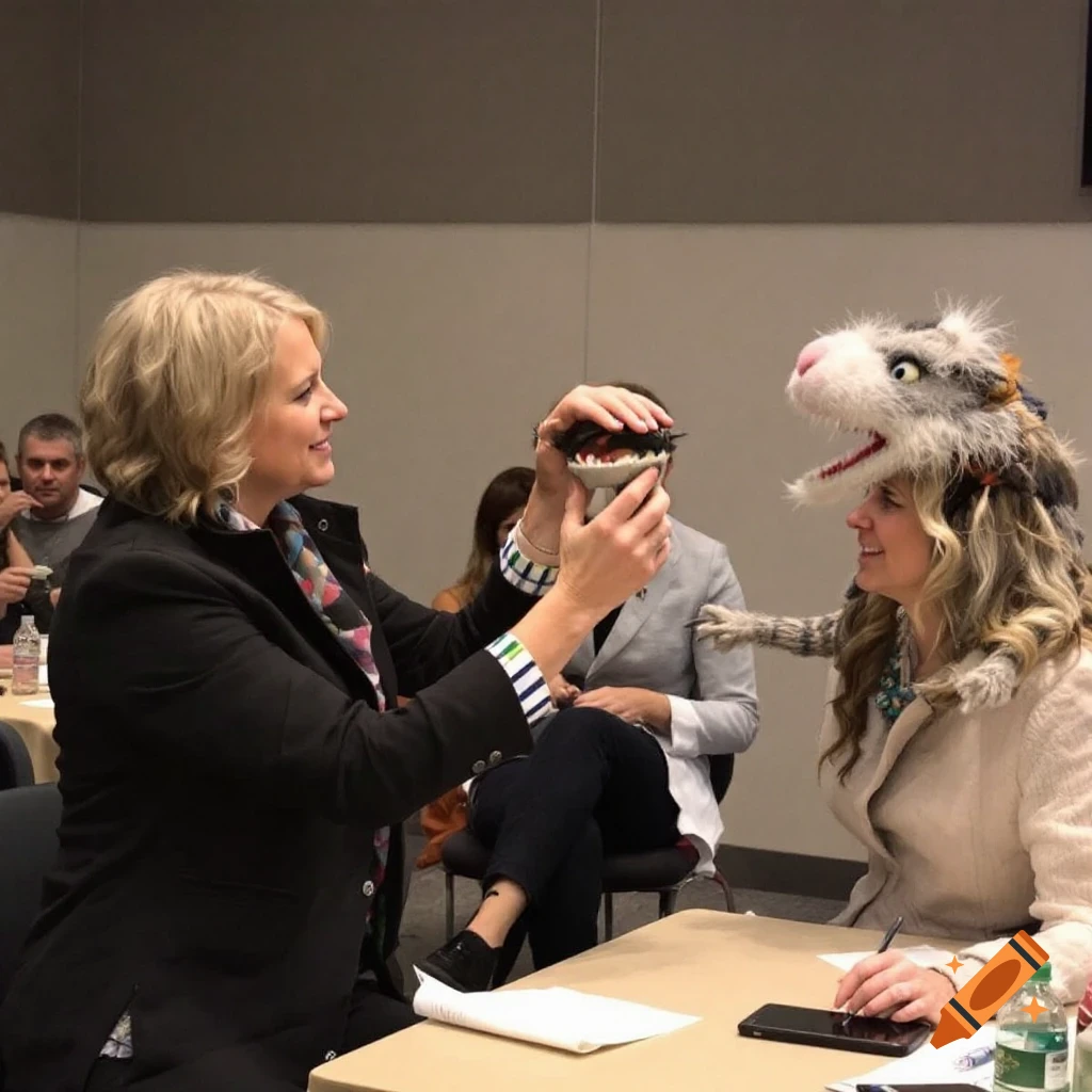 Two women with puppets in a meeting room, one holding a puppet head, the other wearing a puppet headpiece.