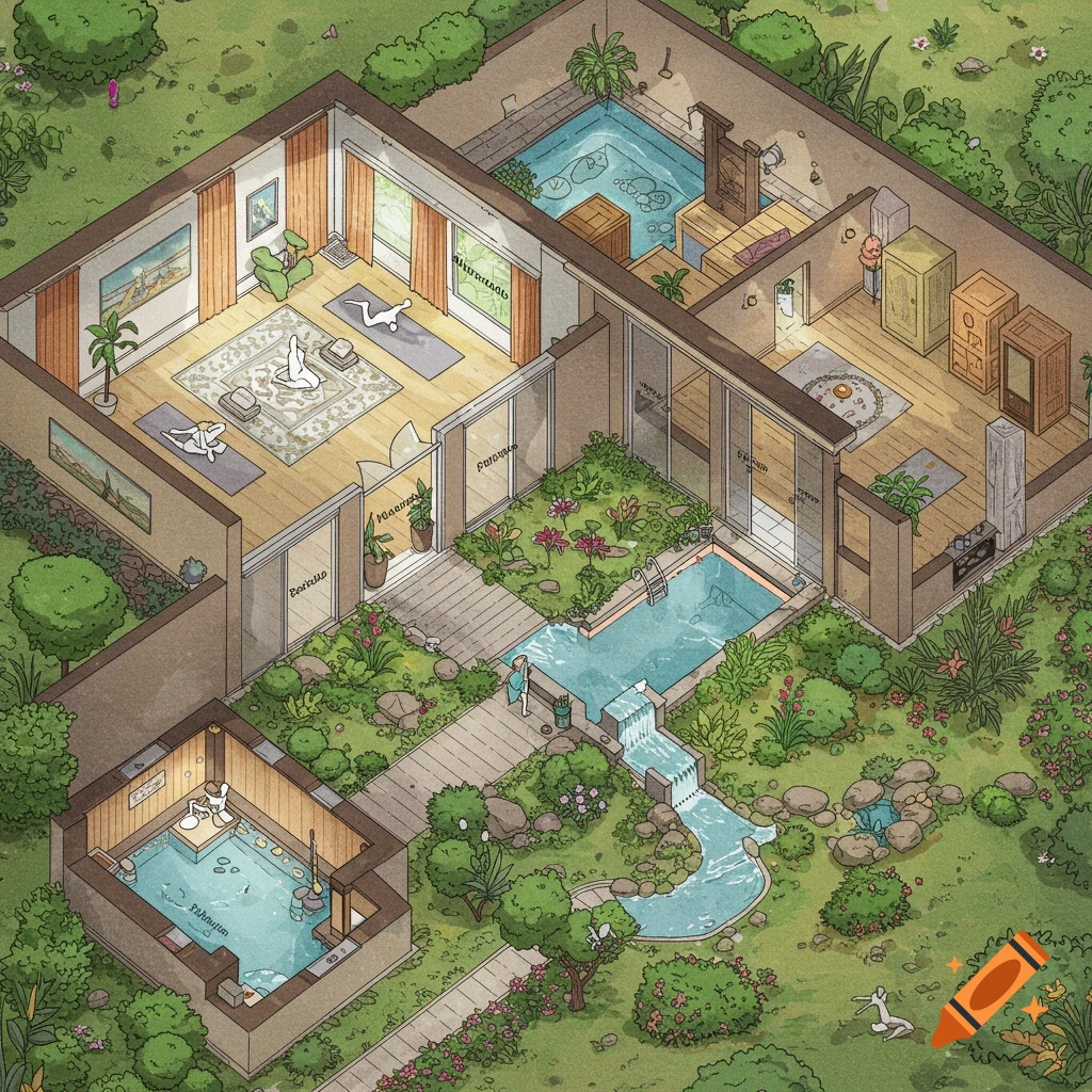 Isometric illustration of a wellness area floor plan with garden, pool, and sauna.