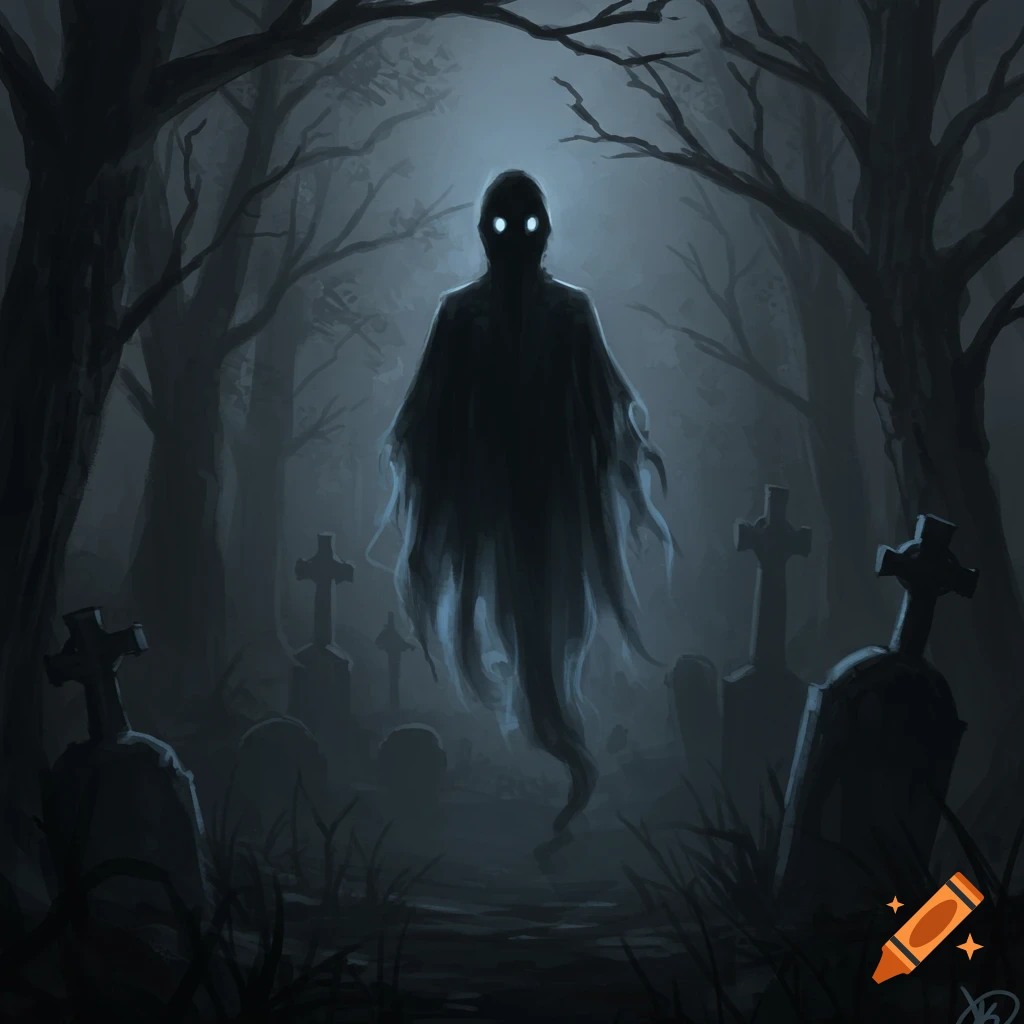 A spectral figure with glowing eyes floats in a foggy graveyard at night.