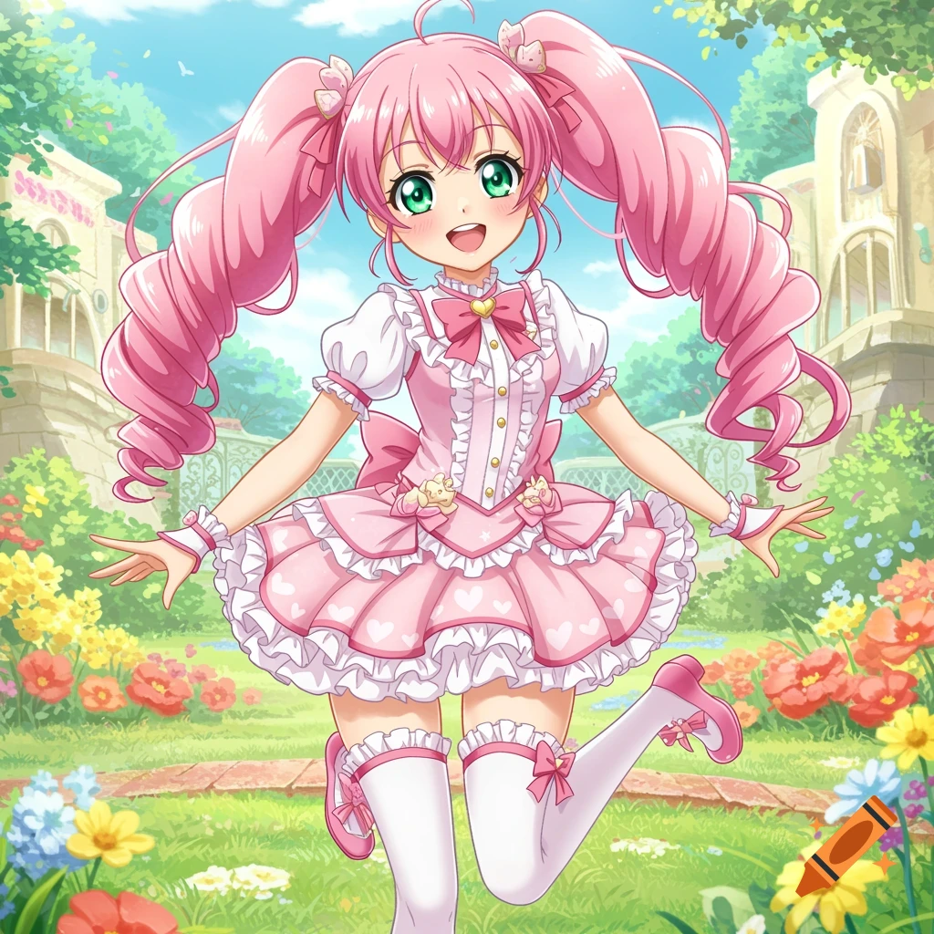 A cute anime girl with pink twintails and a pink frilly dress stands in a sunny garden.