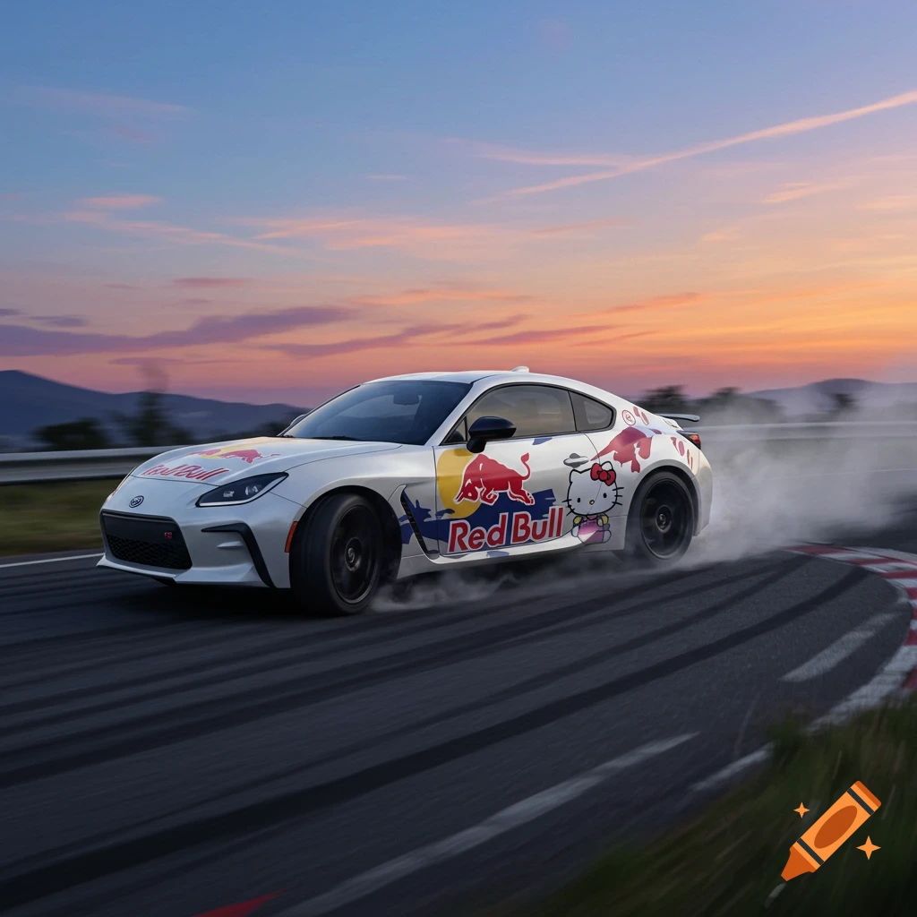 White Toyota GR86 car with Red Bull and Hello Kitty decals drifting on a track at sunset.