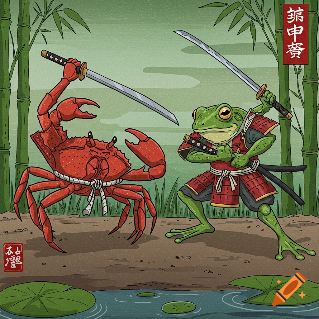 A stylized illustration of a samurai crab fighting a samurai frog with swords in a bamboo forest.