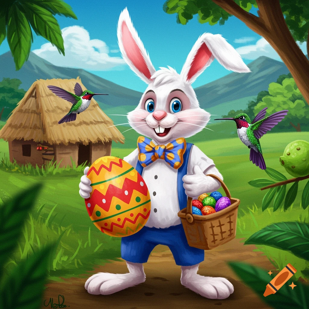 Cartoon Easter bunny in overalls and bowtie holds a large egg and basket of eggs in a tropical landscape with hummingbirds and a hut.