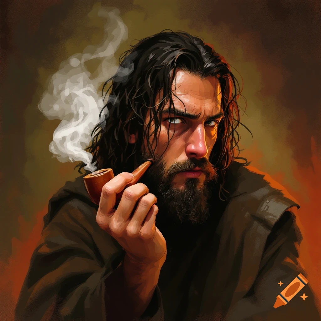 A man with long hair and a beard smoking a pipe.