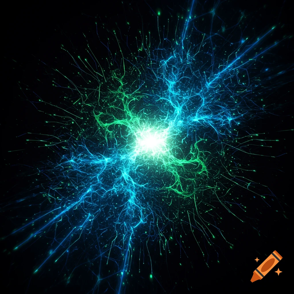 Abstract image of glowing blue and green energy lines and particles radiating from a bright white center on a black background.