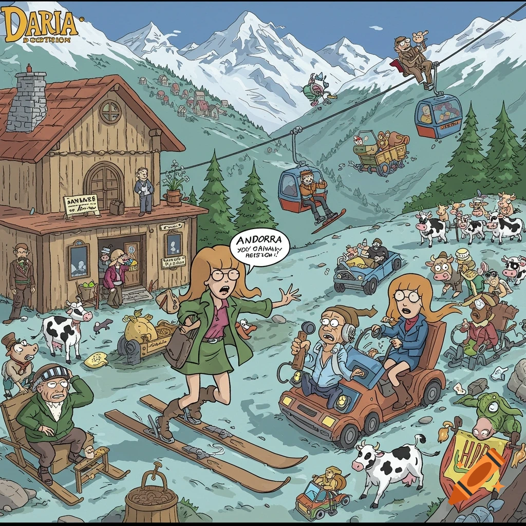 Cartoon image of a chaotic scene at a mountain ski resort with people skiing, cows, and a building.
