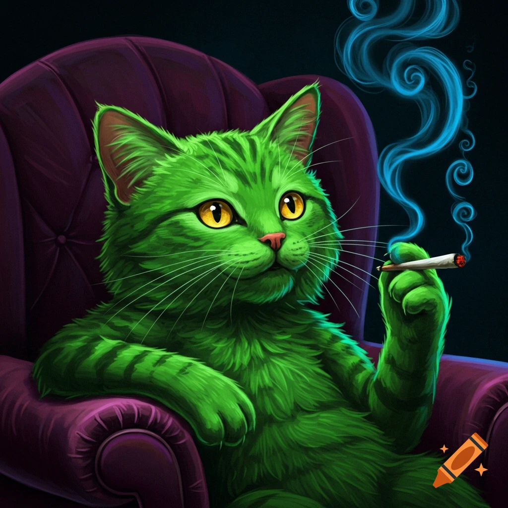 A green cat sits in a purple chair, holding a cigarette and smoking.