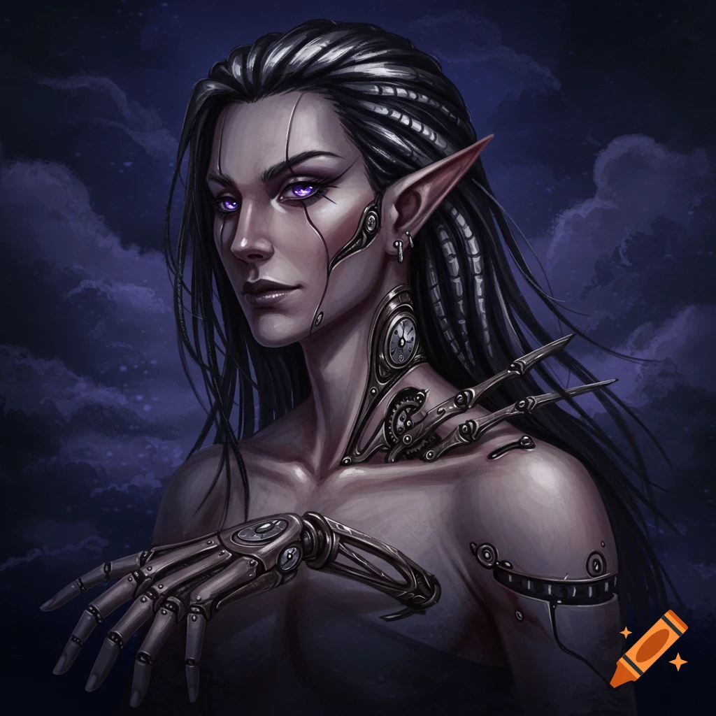 Portrait of a half-drow character with clockwork cybernetic parts.