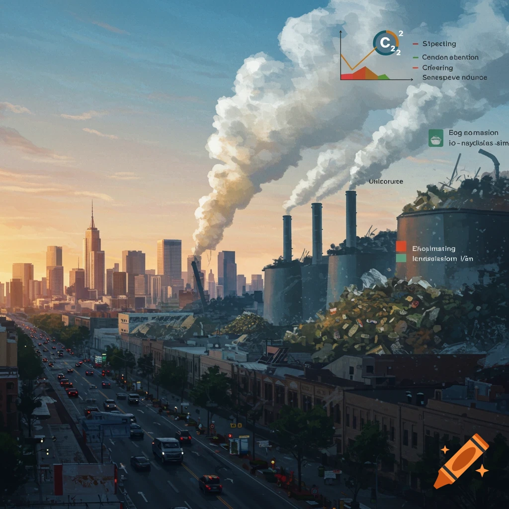 Polluted city with a smoking factory and waste pile