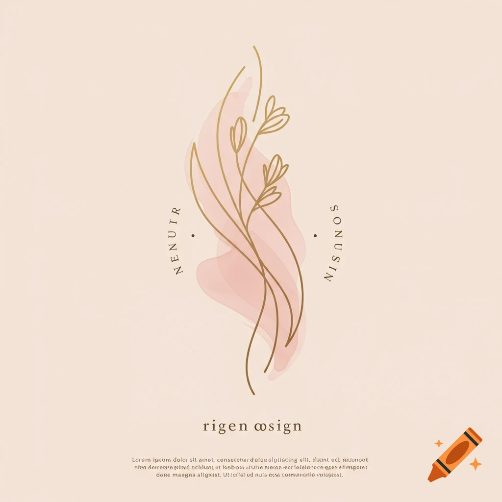 Minimalist logo with gold floral outline, pink watercolor shape, and abstract text on pale background.