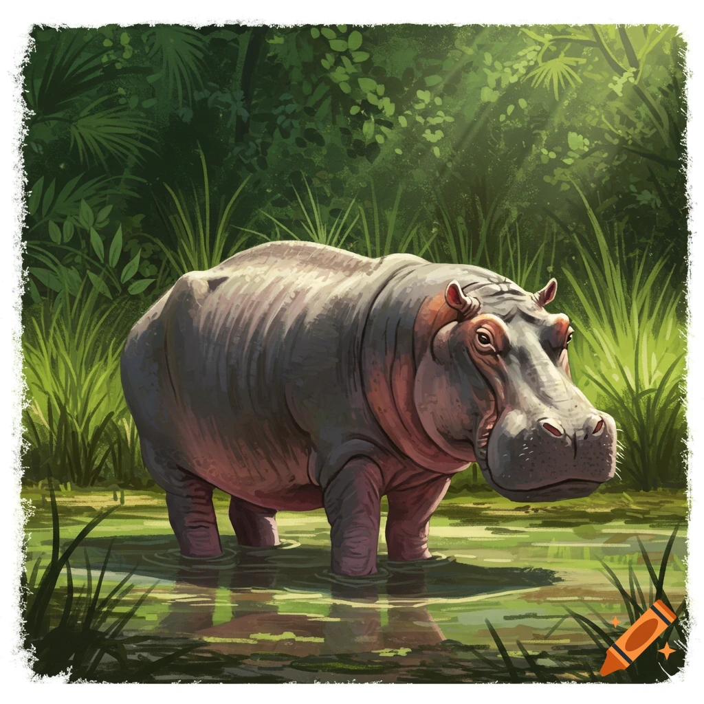 A hippopotamus stands in shallow water in a jungle.