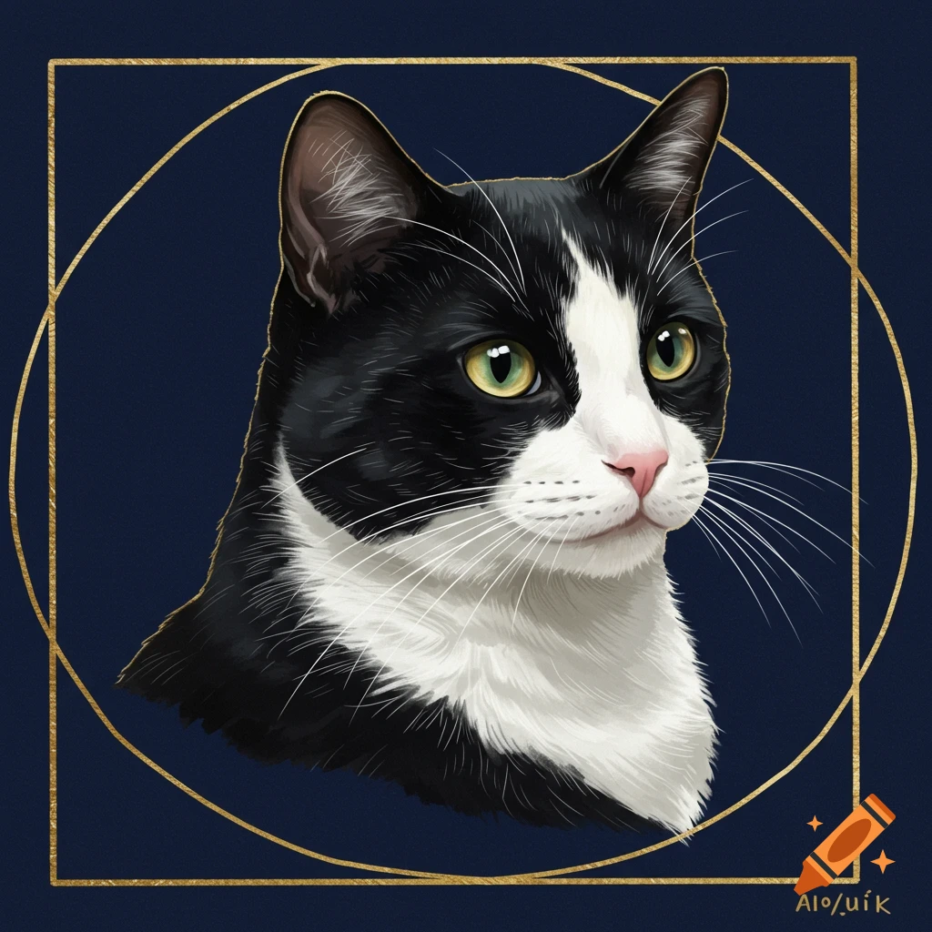 Portrait of a tuxedo cat with green eyes on a navy blue background with gold accents.