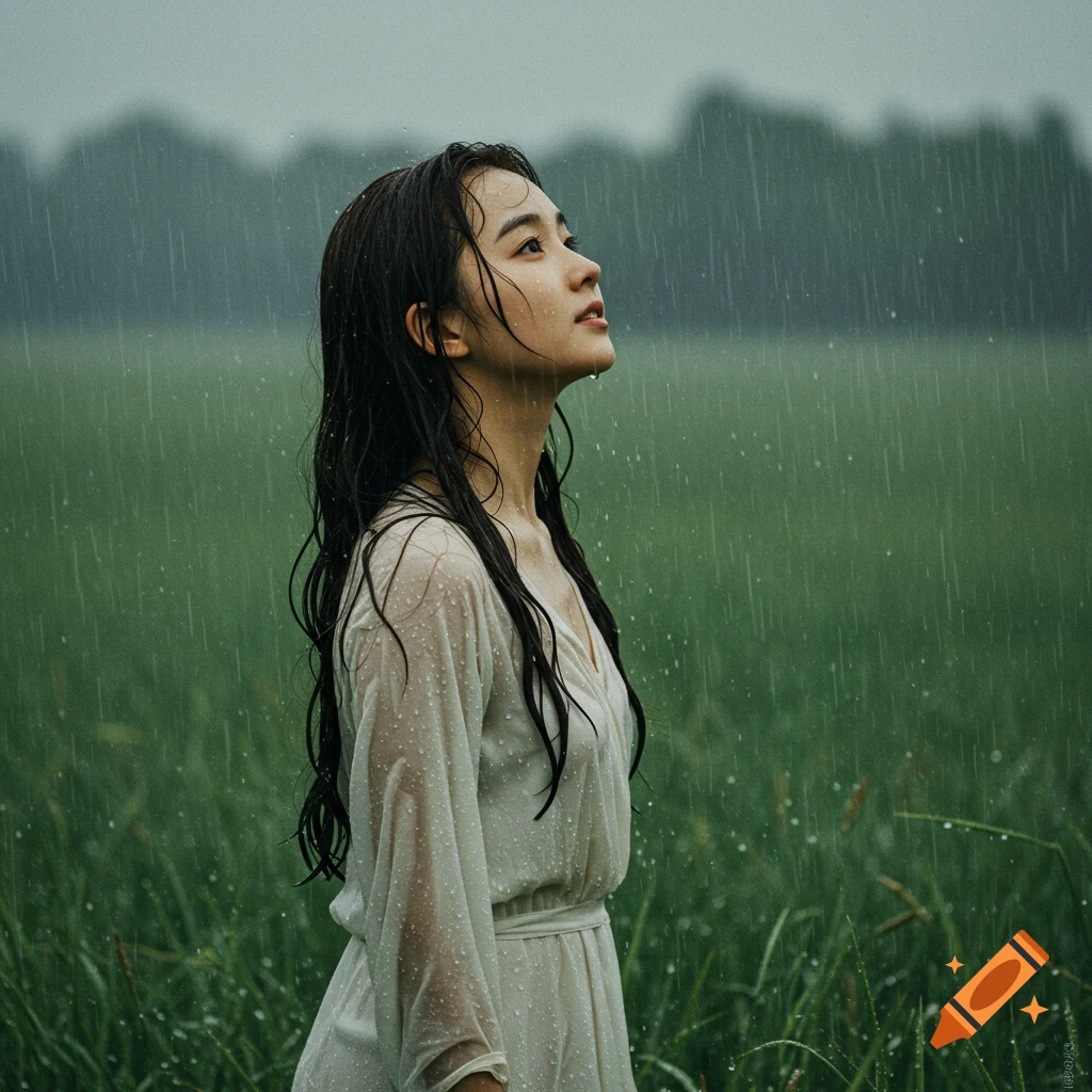 A woman stands in a field during heavy rain