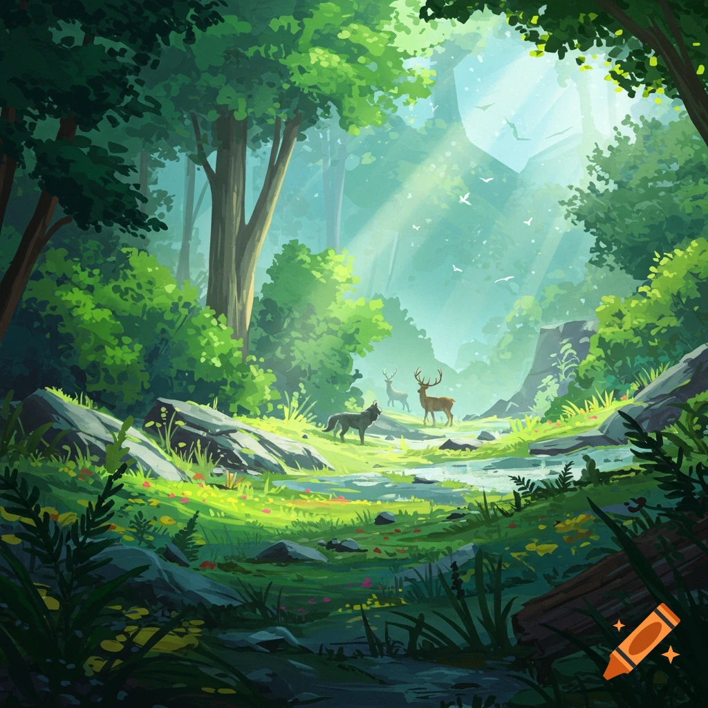 A forest clearing with a wolf, two deer, a stream, and light rays.