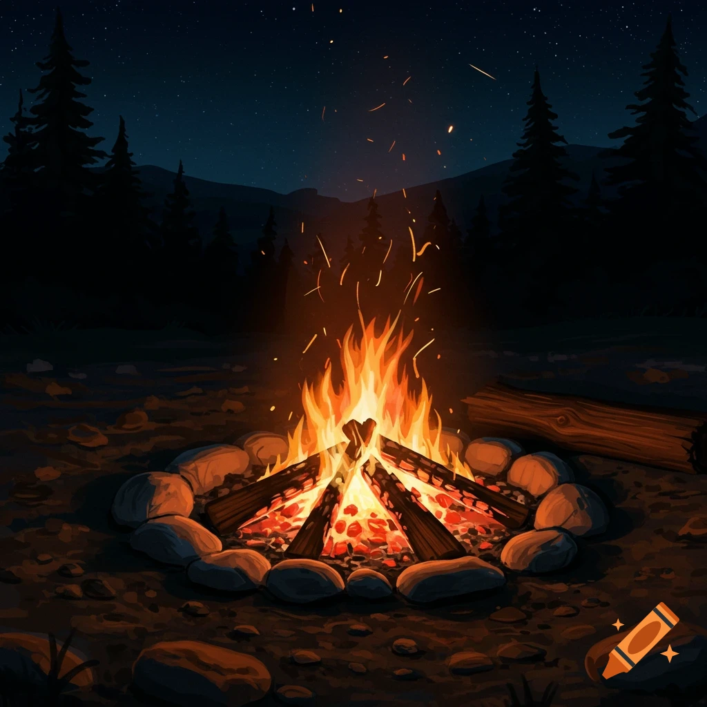 A campfire at night in a forest clearing under a starry sky.