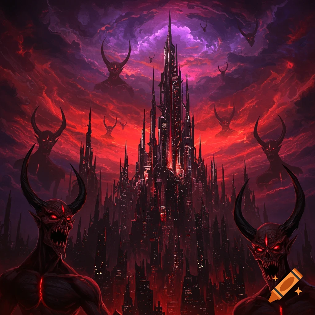 Demonic figures surround a dark futuristic city under a red sky