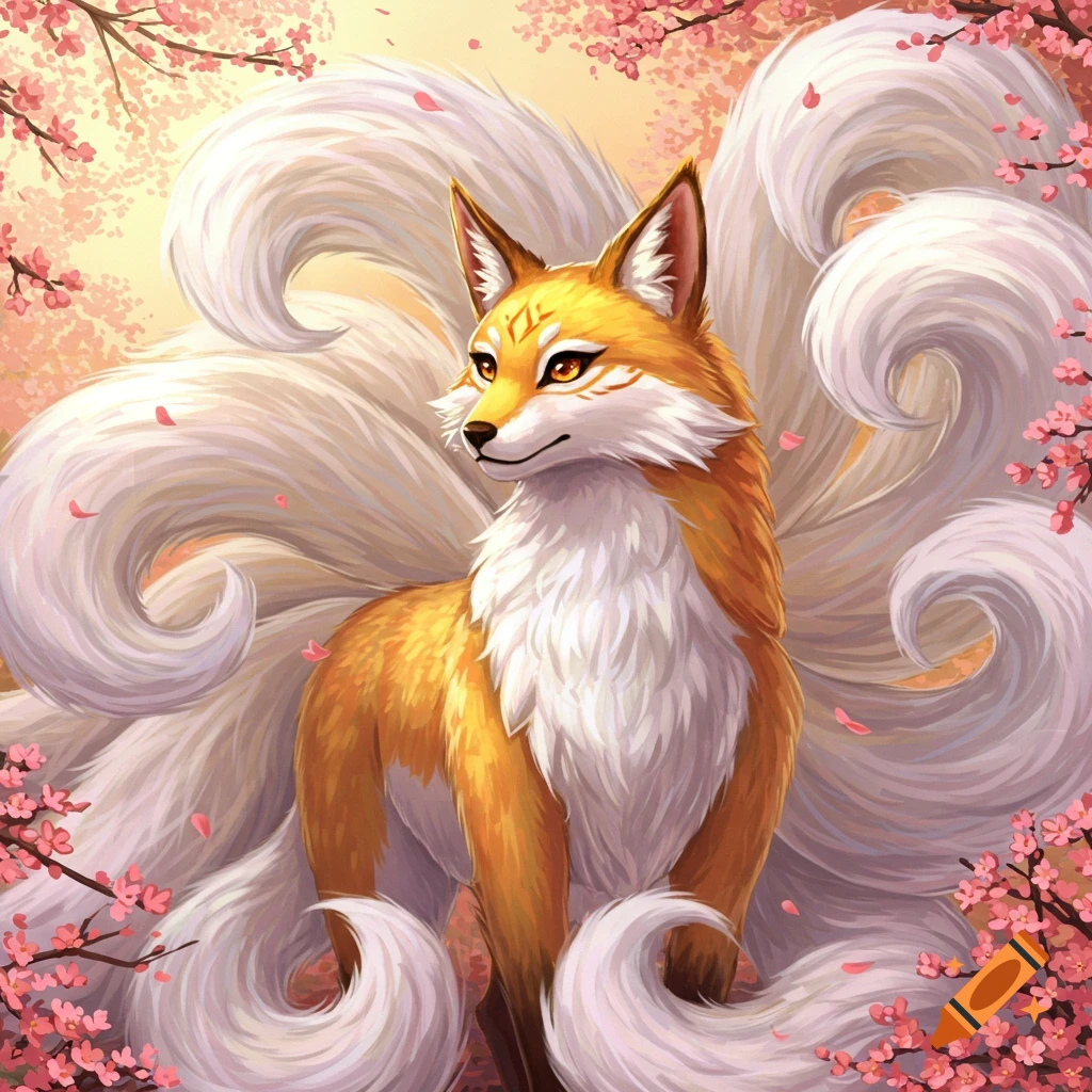 A multi-tailed fox (Kitsune) is surrounded by pink cherry blossoms.