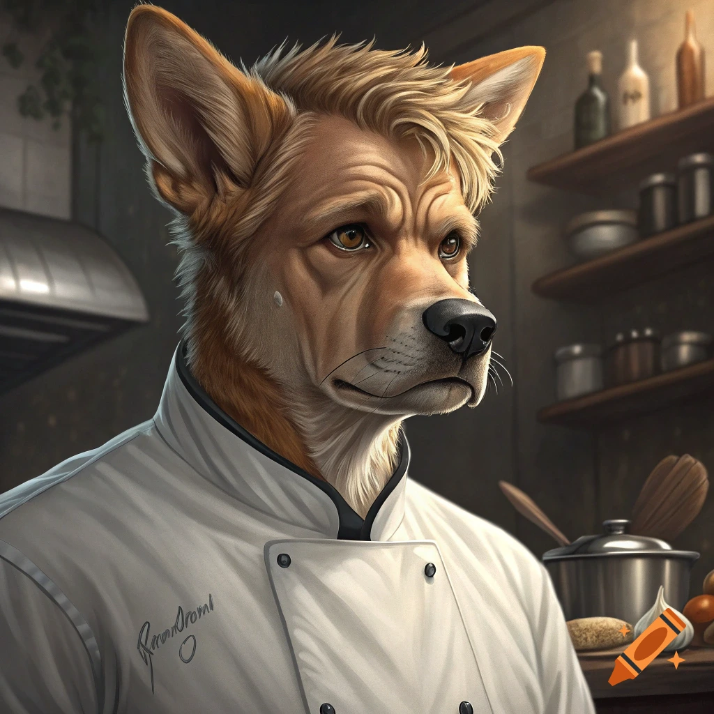 Anthropomorphic dog chef in a kitchen