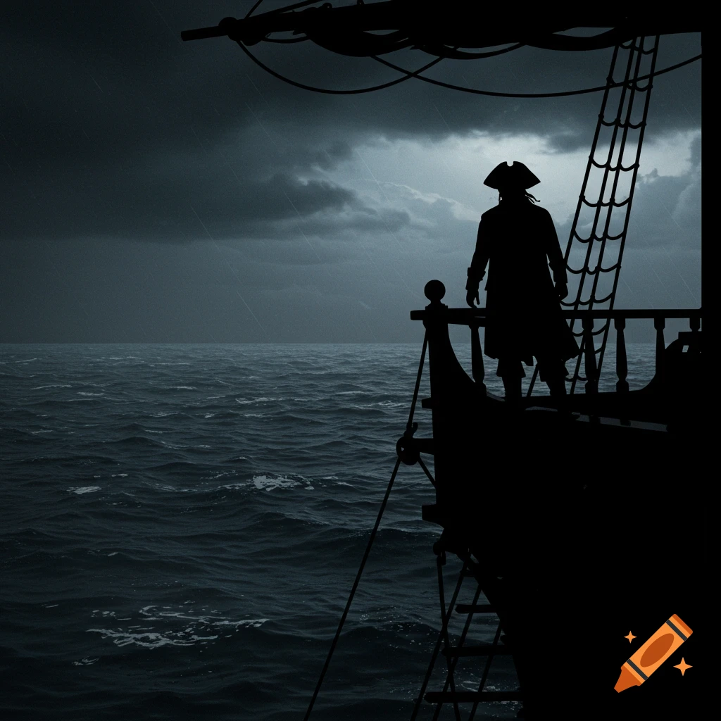 Silhouette of a pirate standing on a ship deck during a stormy sea, digital art.