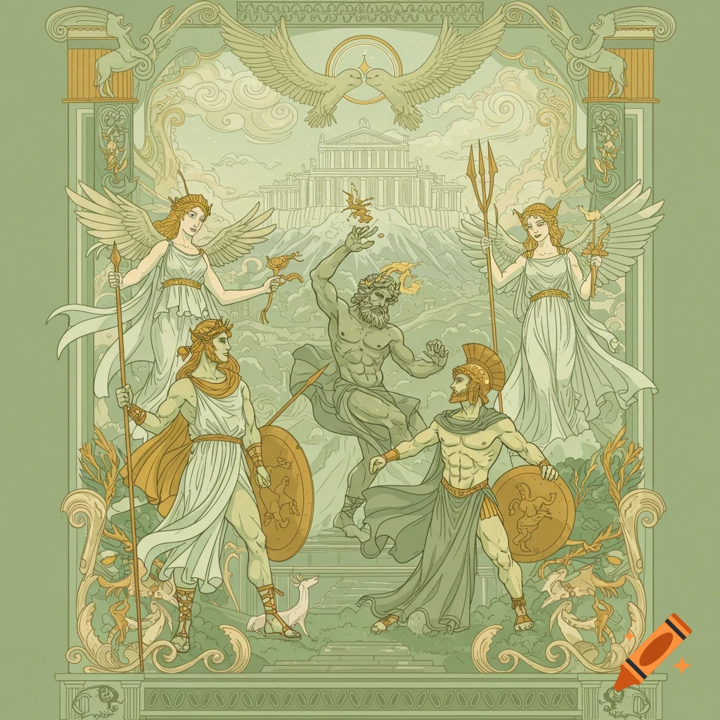 Stylized Art Nouveau illustration of Greek mythology figures with temple and eagles in the background.