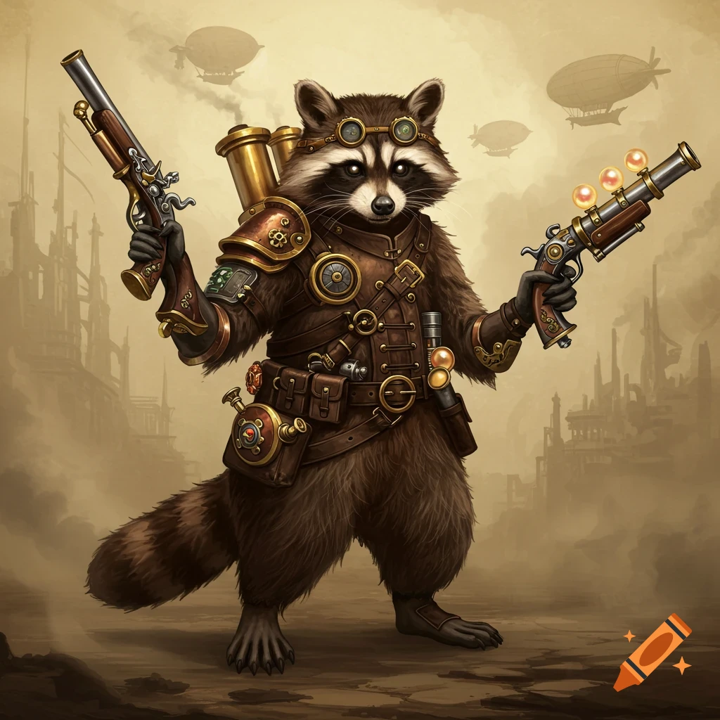 A steampunk raccoon holding two intricate magical guns in a misty city landscape.