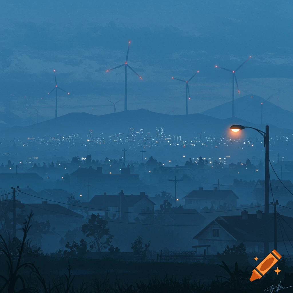 Blue foggy suburban landscape with a city skyline in the distance, mountains, and wind turbines.