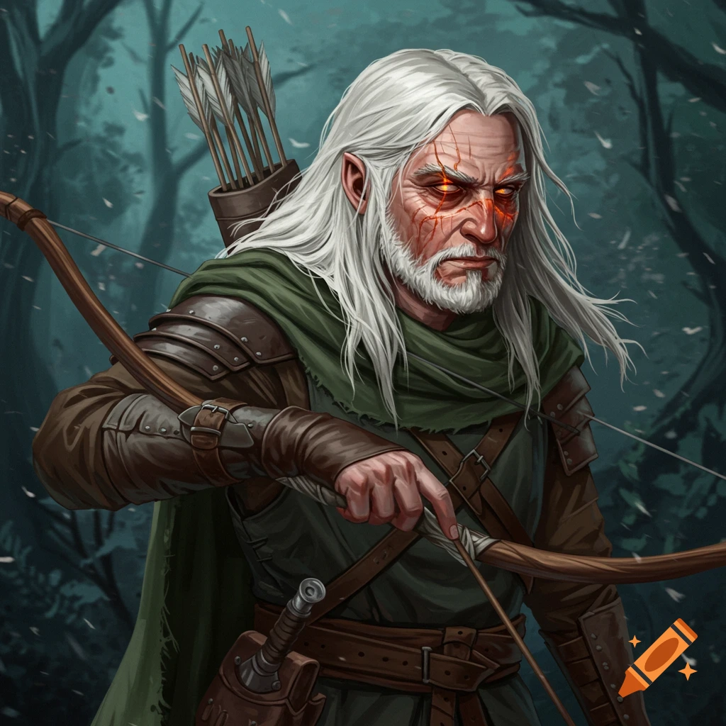 An old archer with long white hair, glowing eyes, and burn scars, holding a bow and arrow in a forest.