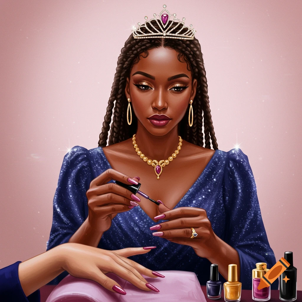 Queen wearing a tiara, applying nail polish.