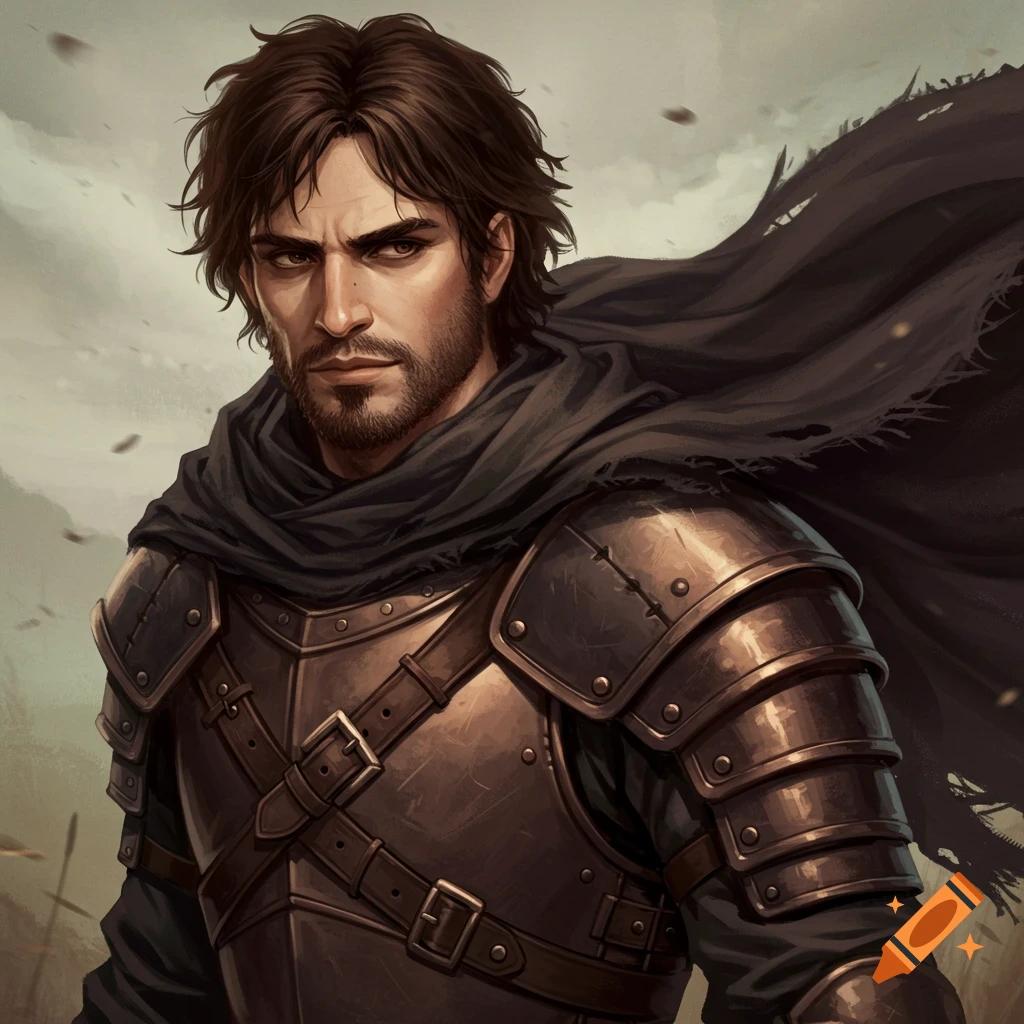A man with dark hair and stubble wearing leather armor and a dark cloak looking forward.