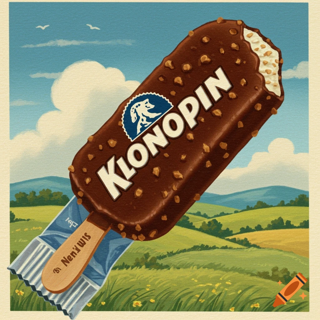 A chocolate nut ice cream bar labeled 'KLONOPIN' sits atop a green hilly landscape under a blue sky.