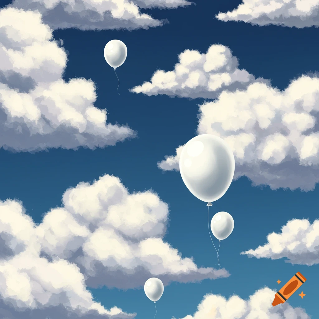 White balloons floating among white clouds in a blue sky.