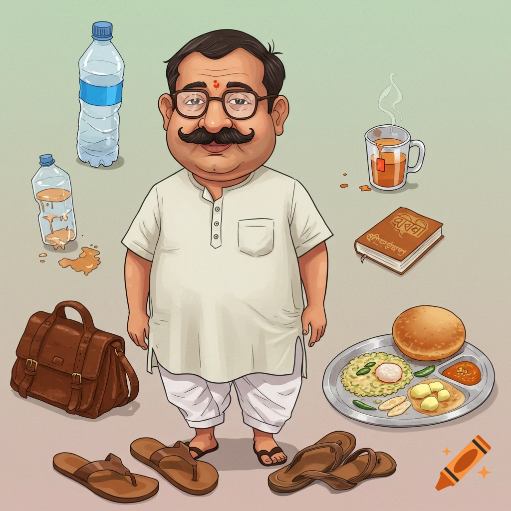 A man in traditional clothes with items like bottles, tea, a book, bag, and sandals.