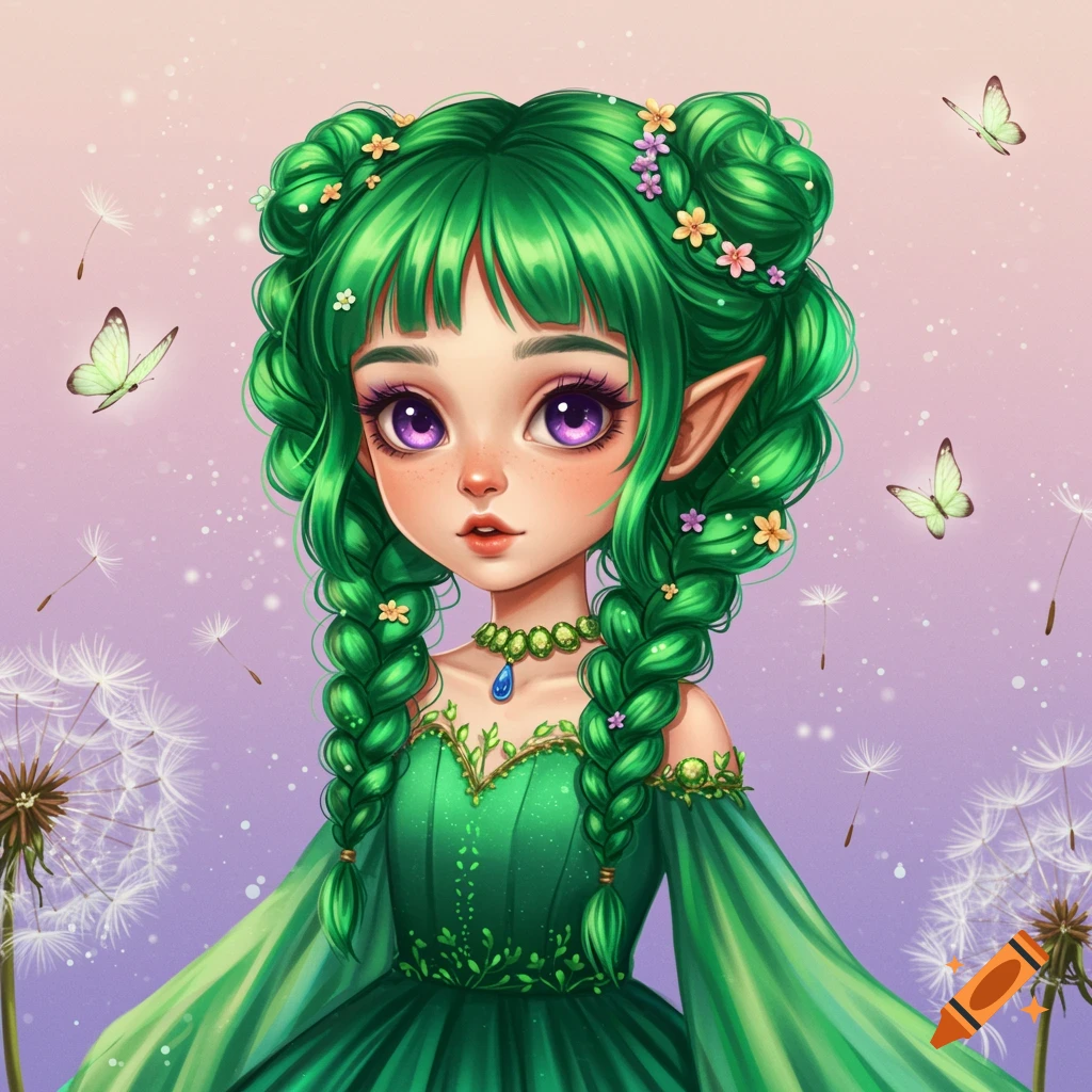 A stylized fantasy illustration of a girl with bright green hair and pointed ears, wearing a green dress, surrounded by butterflies and dandelion seeds.